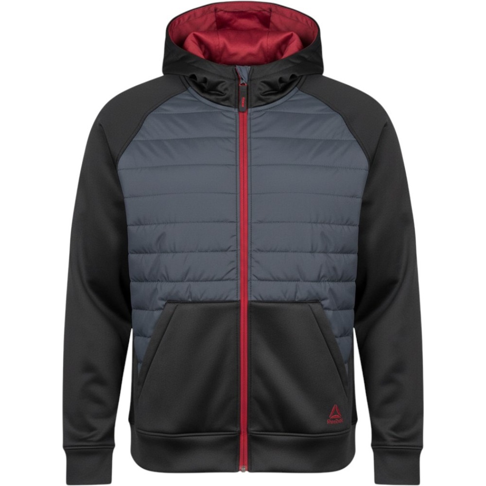 Reebok Mens 3XL Hybrid Quilted Puffer Full Zip Hoodie Black Grey Red athleisure